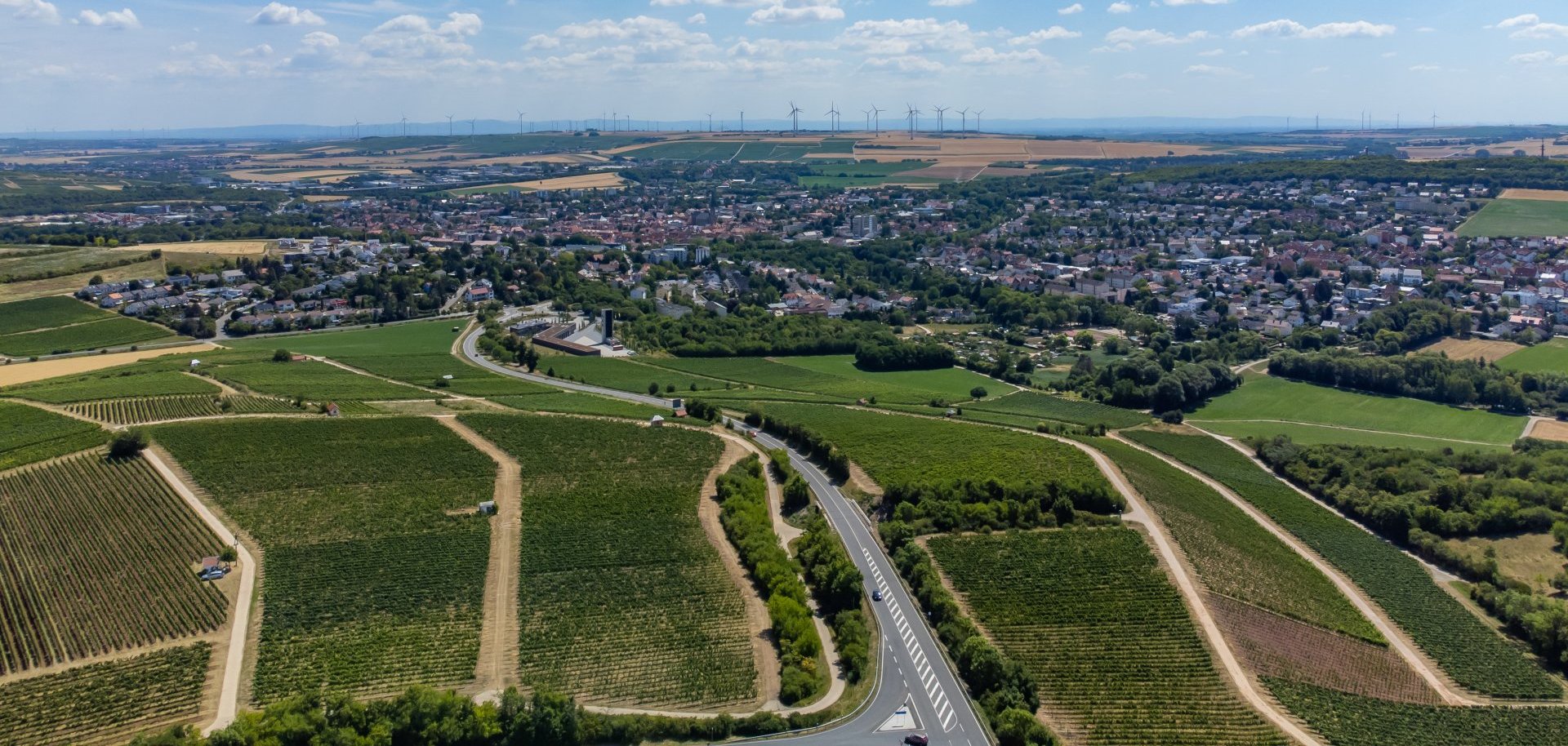 Blick auf Alzey aus der Vogelperspektive mit vielen grünen Feldern