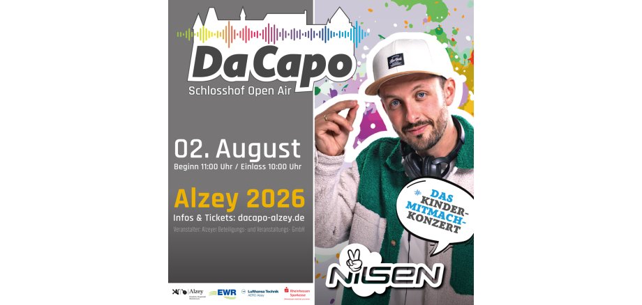 Da Capo Werbeflyer für den 02. August 2026, Infos und Tickets unter: dacapo-alzey.de
