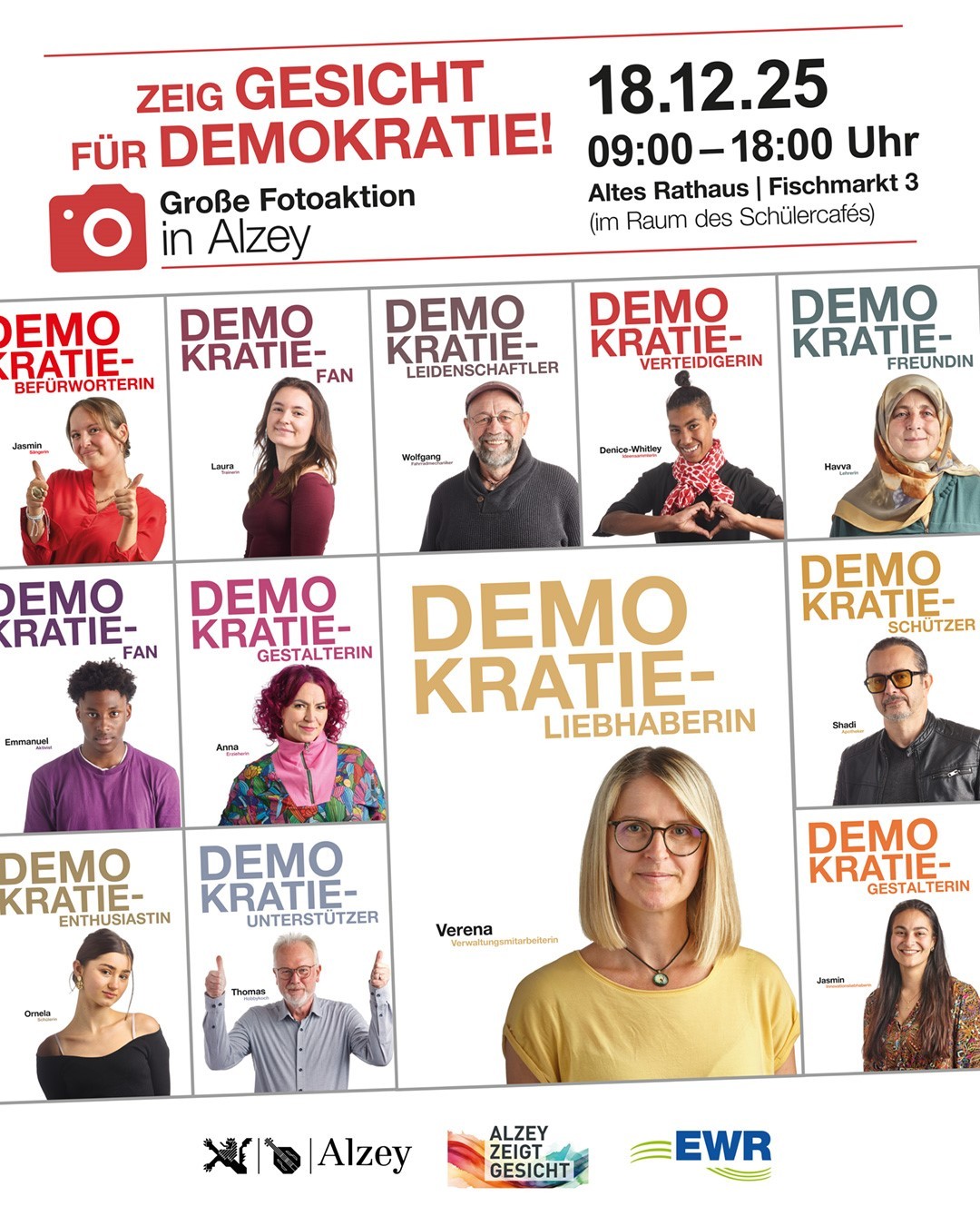 Werbeplakat "Gesicht Zeigen für Demokratie" EWR und Stadt Alzey unterstuetzen Demokratie Fotoaktion.