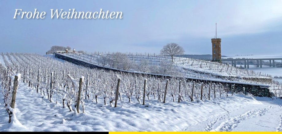 Links Oben im Bild steht Frohe Weihnachten und darunter ist eine verschneite Landschaft der Weinberge zu sehen.