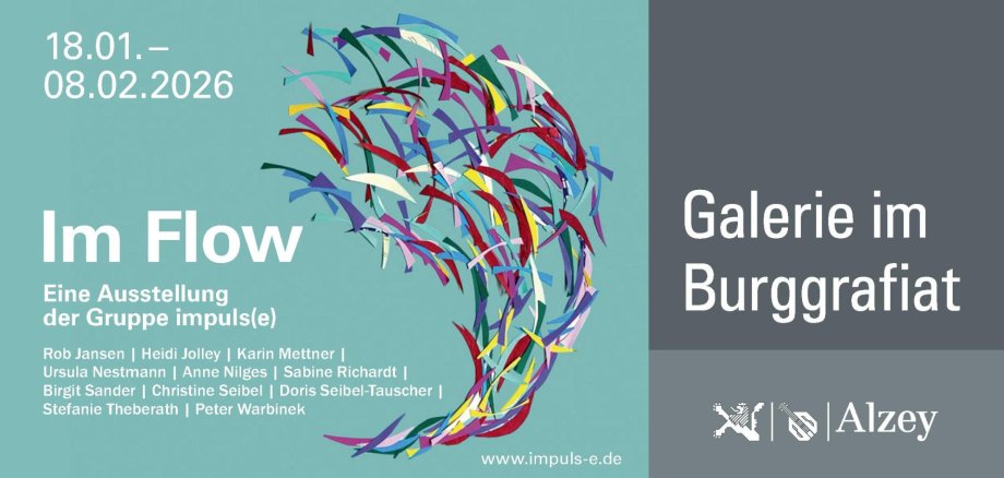 Werbeplakat für die Vernissage in der Galerie im Burggrafiat "Im Flow" eine Ausstellung der Gruppe Impuls (18.01.2026-08.02.2026)