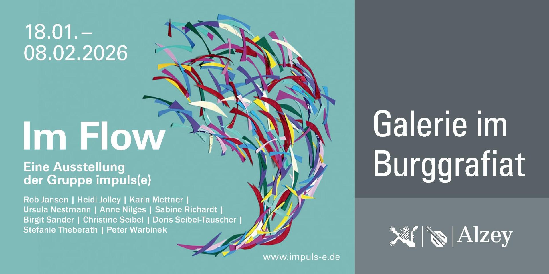 Werbeplakat für die Vernissage in der Galerie im Burggrafiat "Im Flow" eine Ausstellung der Gruppe Impuls (18.01.2026-08.02.2026)