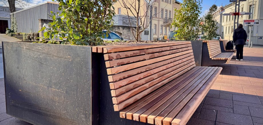die Stadthallte mit seinen neuen hellbraunen Sitzbänken und hinten dran Pflanzen