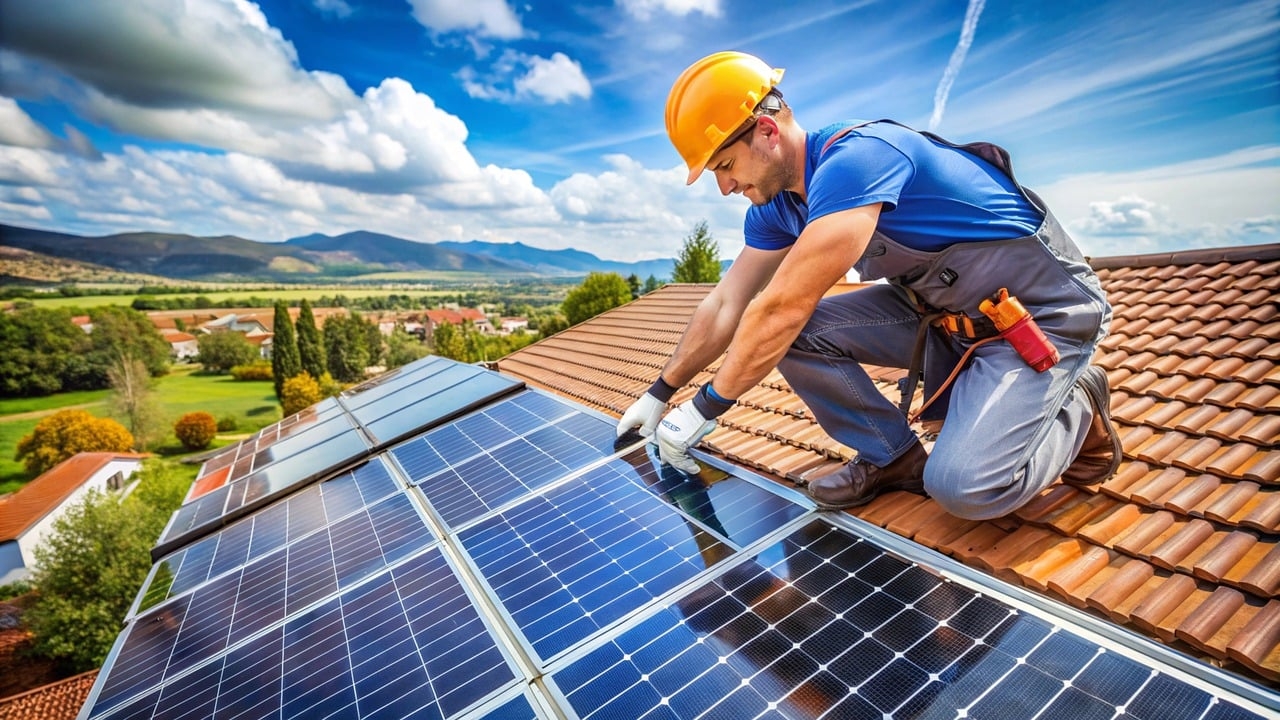 ein Handwerker der Solarplatten auf das Dach eines Hauses macht
