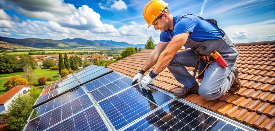 ein Handwerker der Solarplatten auf das Dach eines Hauses macht