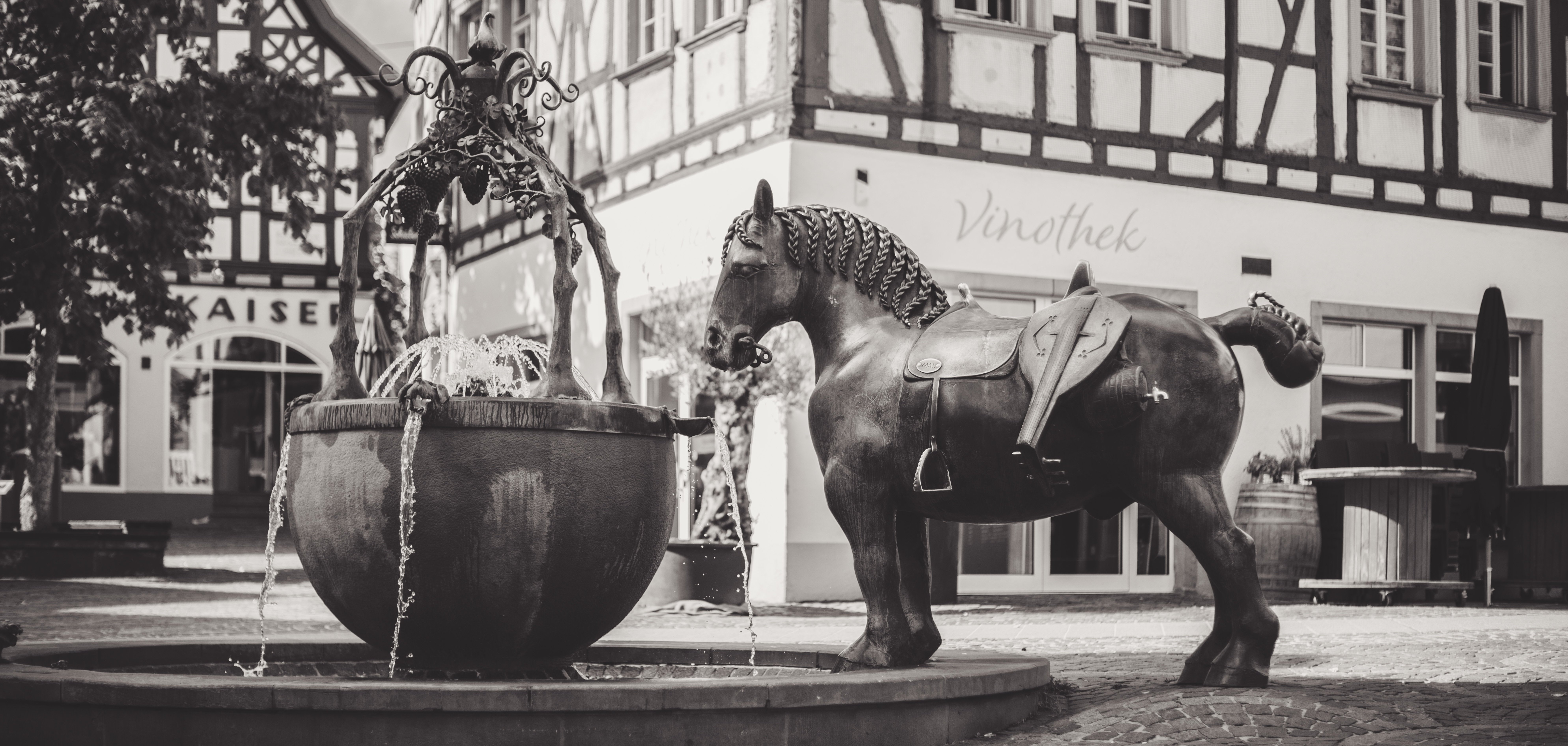 Der Roßmarktbrunnen in schwarz-weiß.