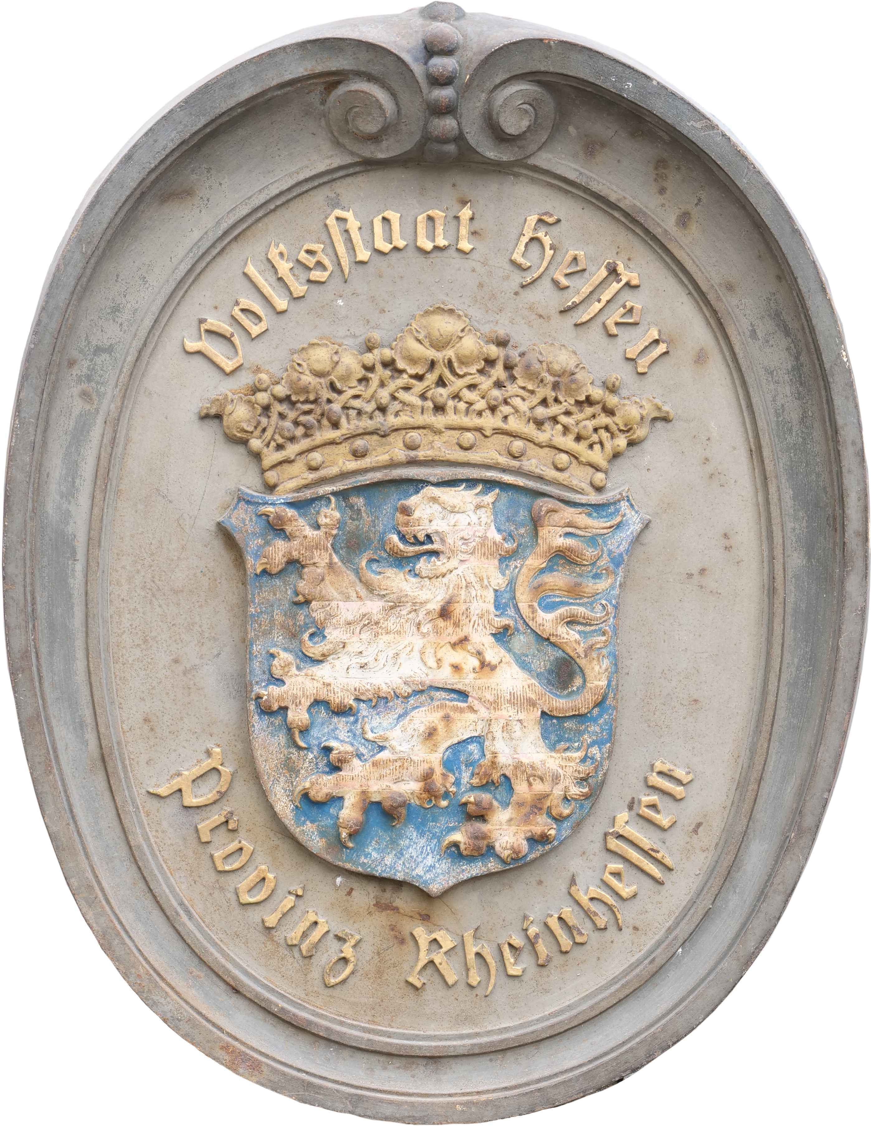 Das gusseiserne Wappenschild des Volksstaates Hessen und seiner Provinz Rheinhessen