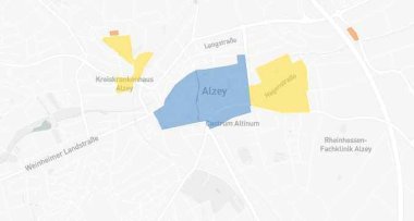 Karte von Alzey, mit blauen und gelben Feldern.