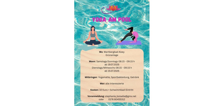 Info-Plakat. Yoga am Pool im Freibad Alzey.