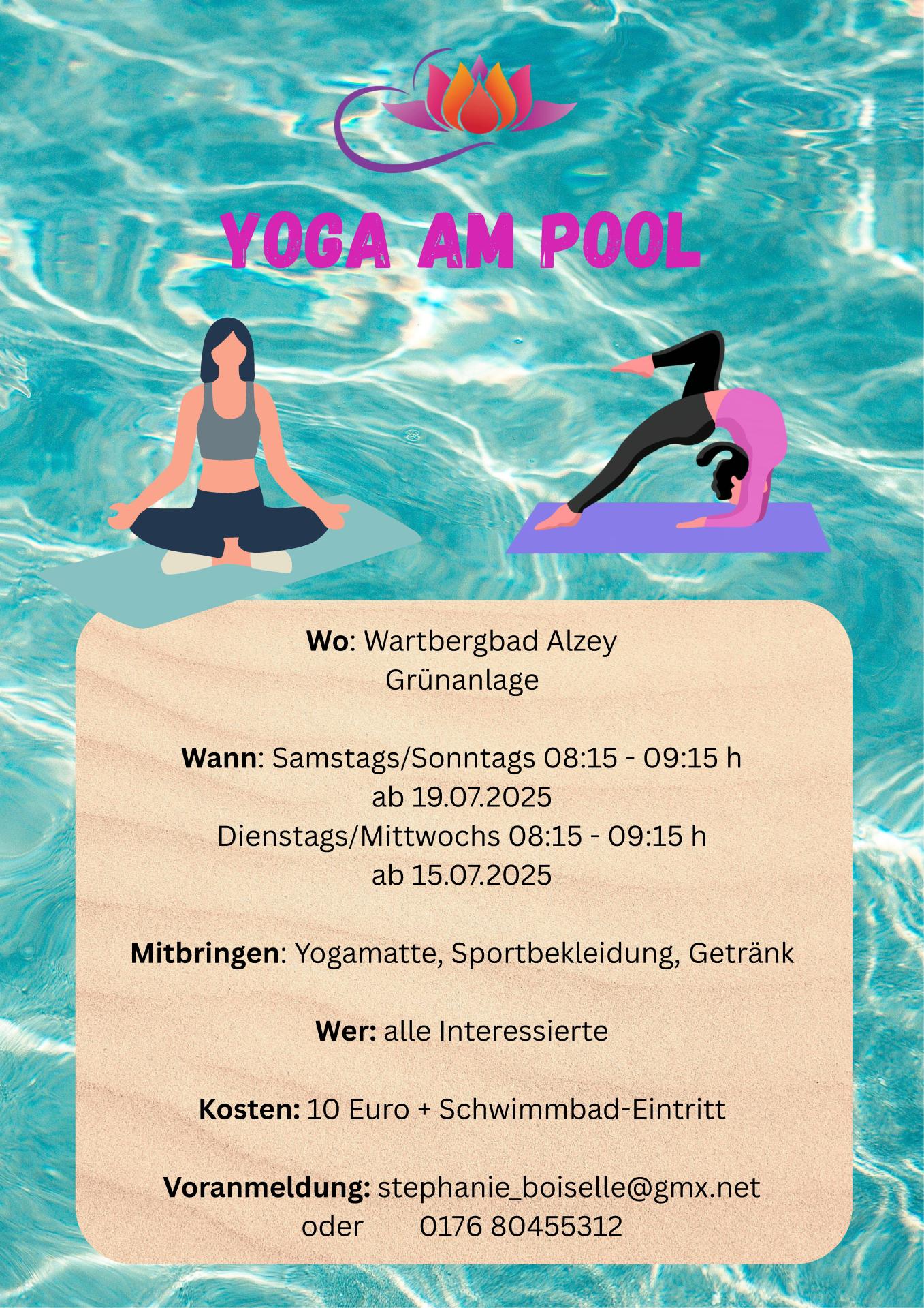Info-Plakat. Yoga am Pool im Freibad Alzey.
