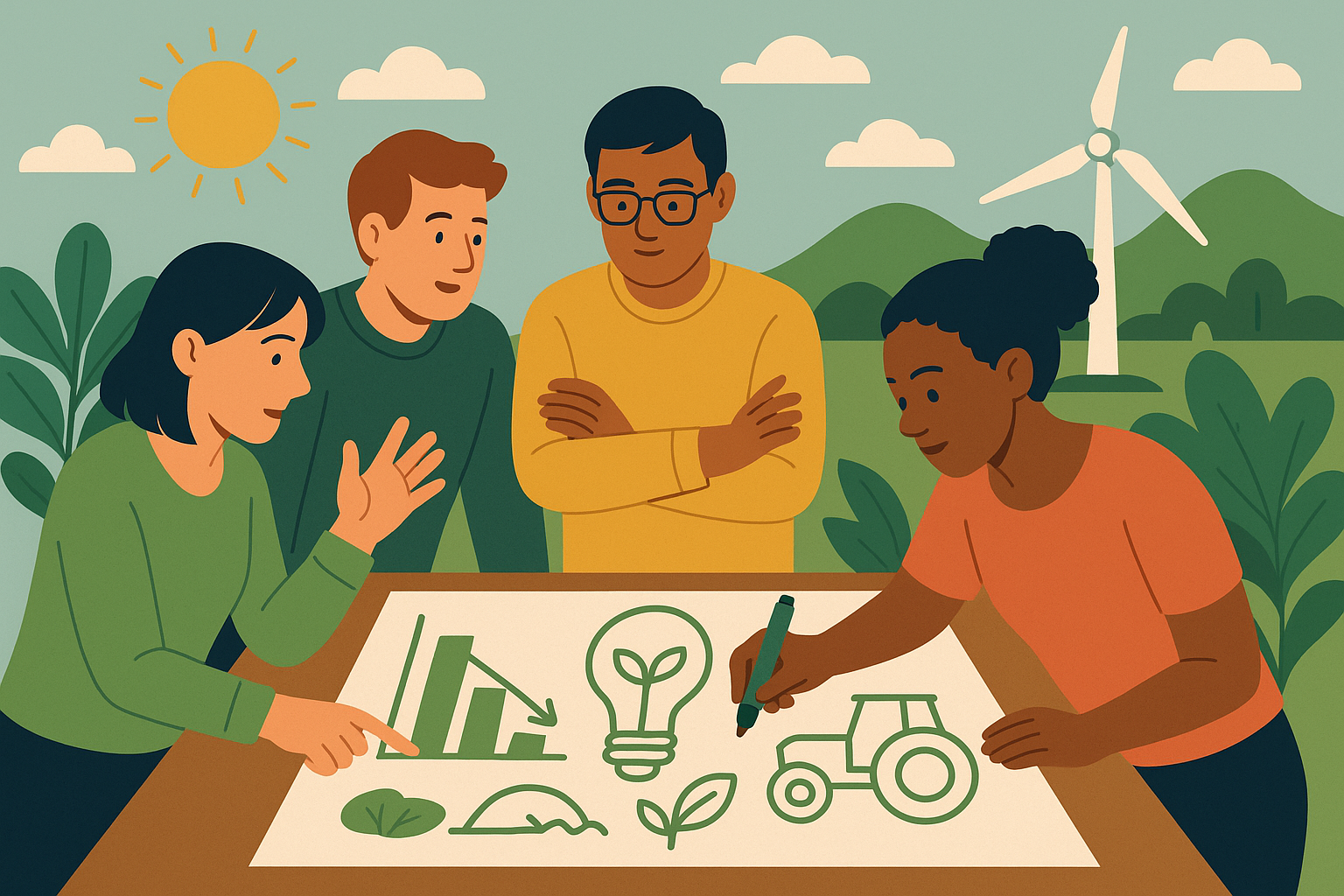 4 Personen die denken und etwas aufs Papier bringen