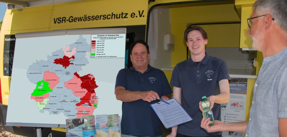 2 Männer geben einem anderen Mann eine flasche Wasser in die Hand