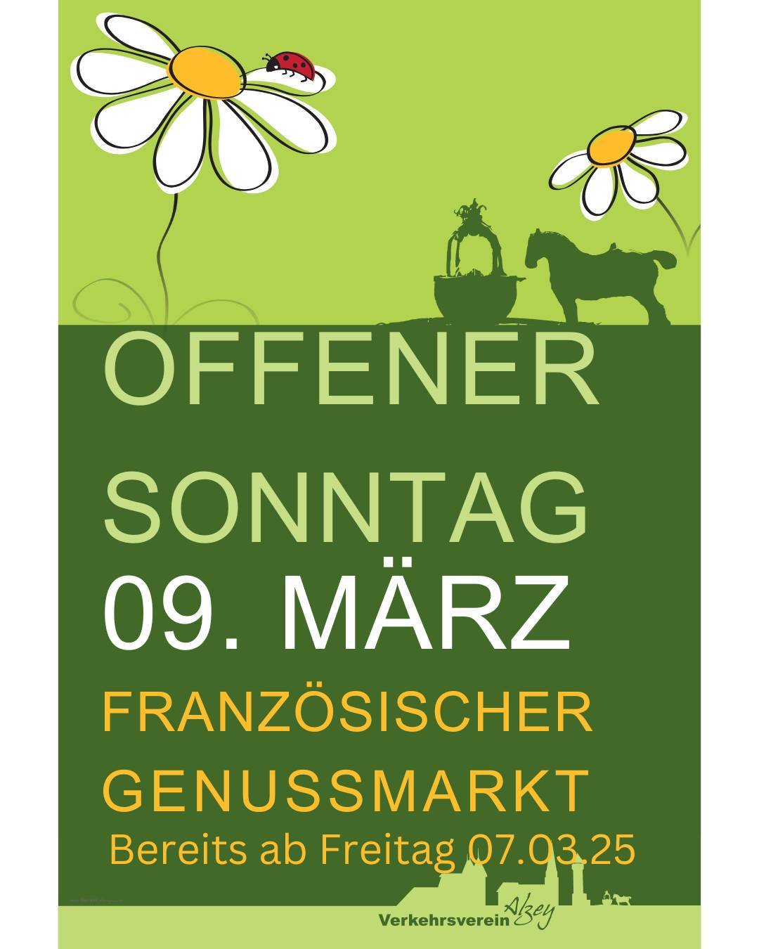 Karte mit 2 Gänseblümchen drauf und eine Einladung zum Verkaufsoffenen Sonntag