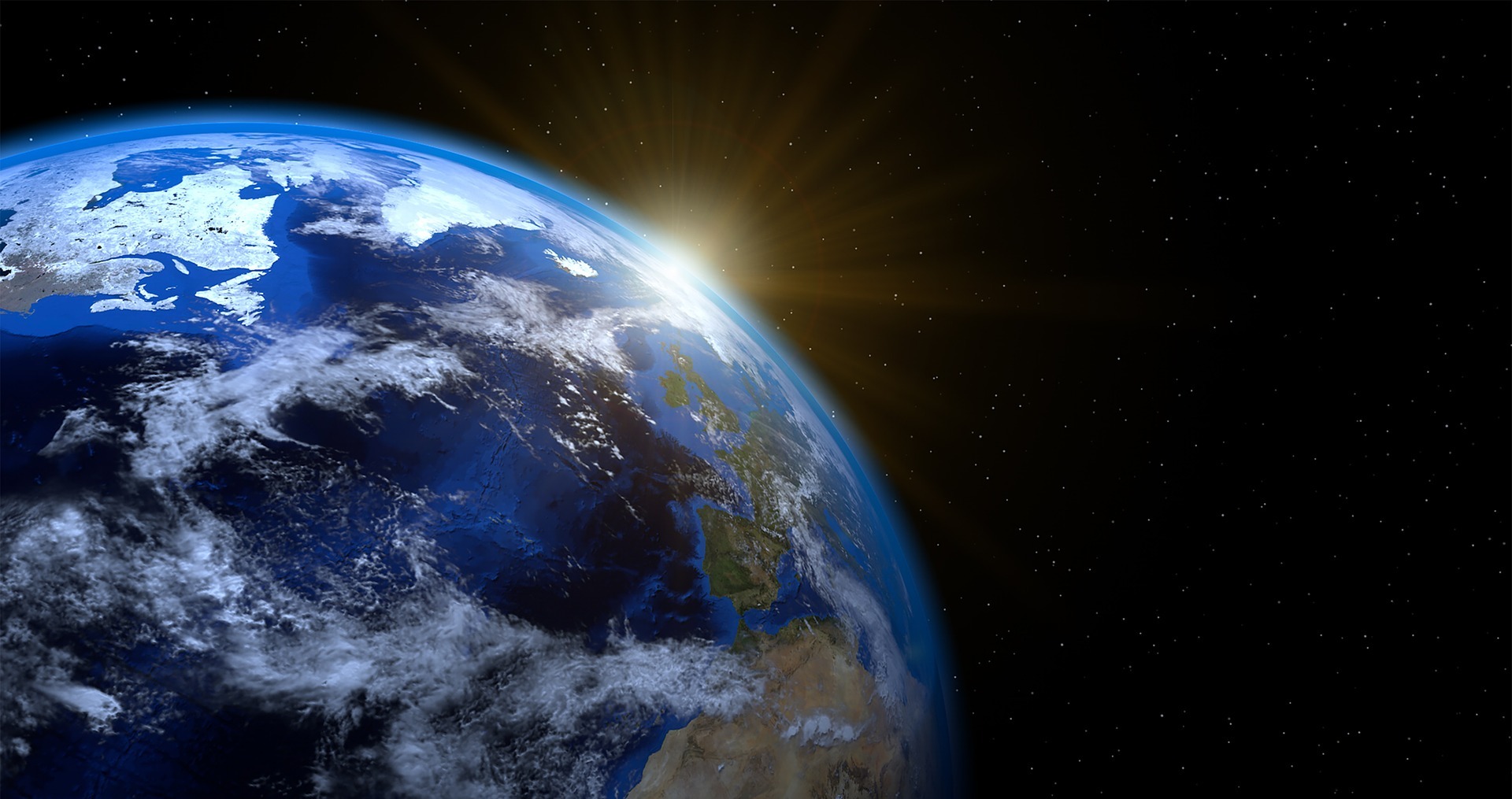 Weltkugel hinten dran die Sonne leicht zu sehen durch Sonnenstrahlen