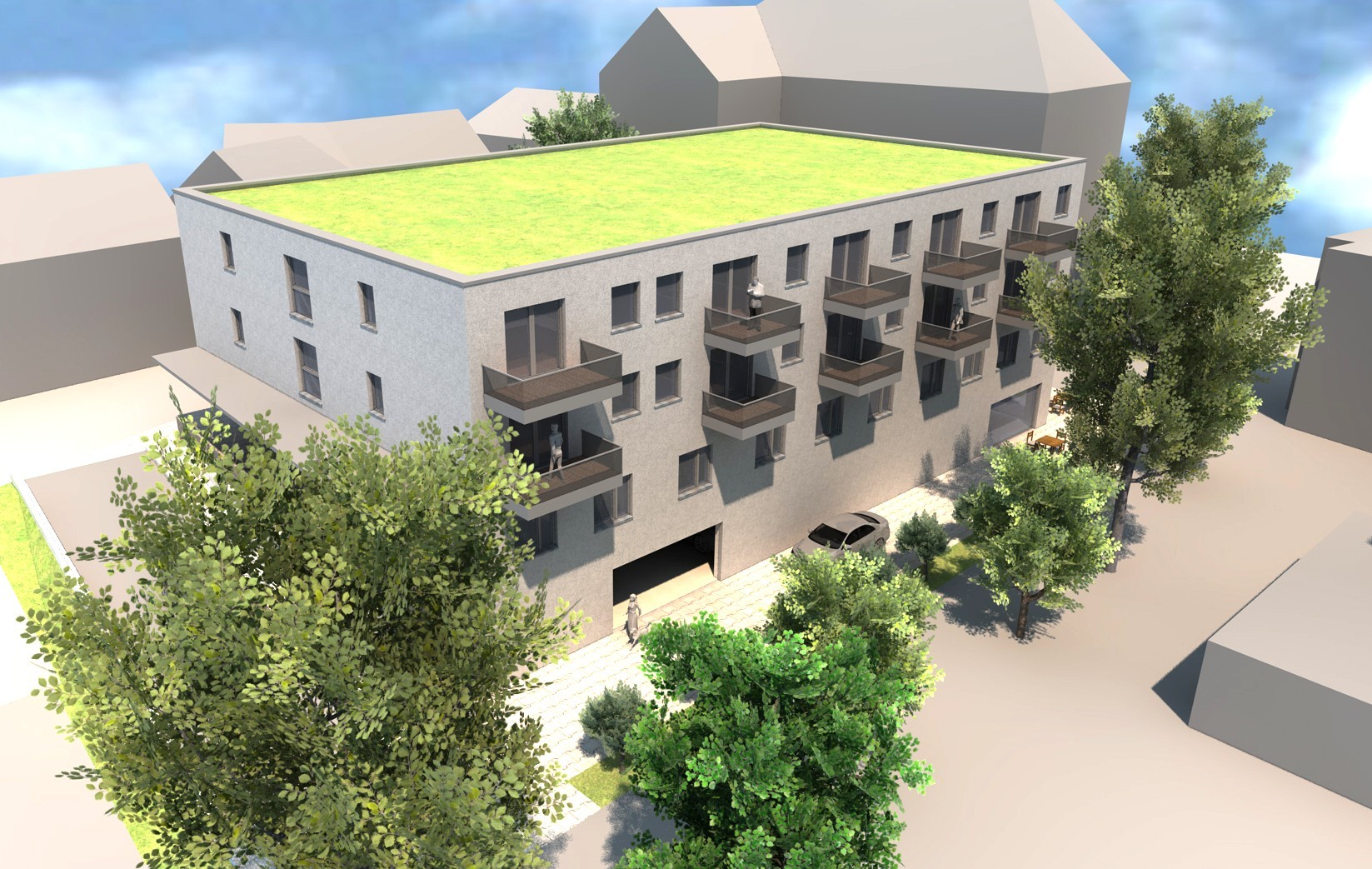 Gebäude in Planung mit vielen Balkonen und viel bepflanztes