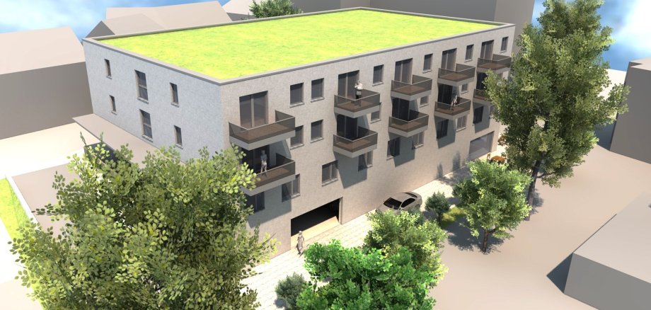 Gebäude in Planung mit vielen Balkonen und viel bepflanztes