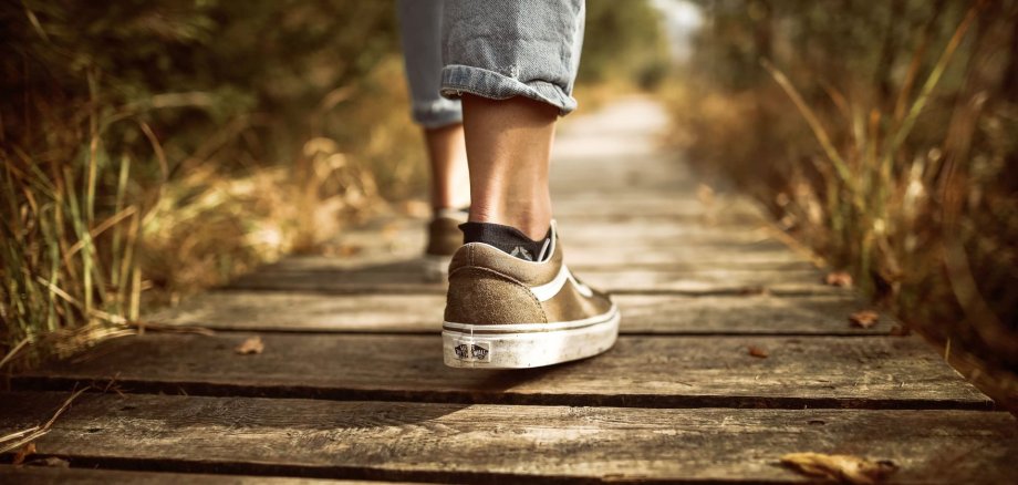 eine Person in Schuhen der Marke Vans läuft auf einem Holzweg am Rande grün-gelbe Fläche