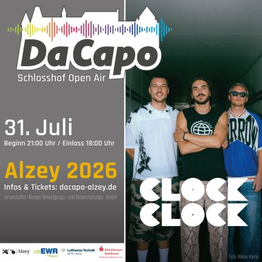 Sharepic Habekost 2025.indd Flyer Dacapo mit einem Bild der Band ClockClock