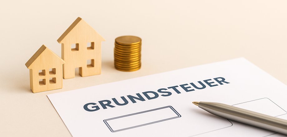 Auf dem Bild sind zwei kleine Holzhäuser zu sehen, neben denen ein kleiner Geldstapel steht. Davor liegt ein Blattpapier mit einem Stift, auf dem steht