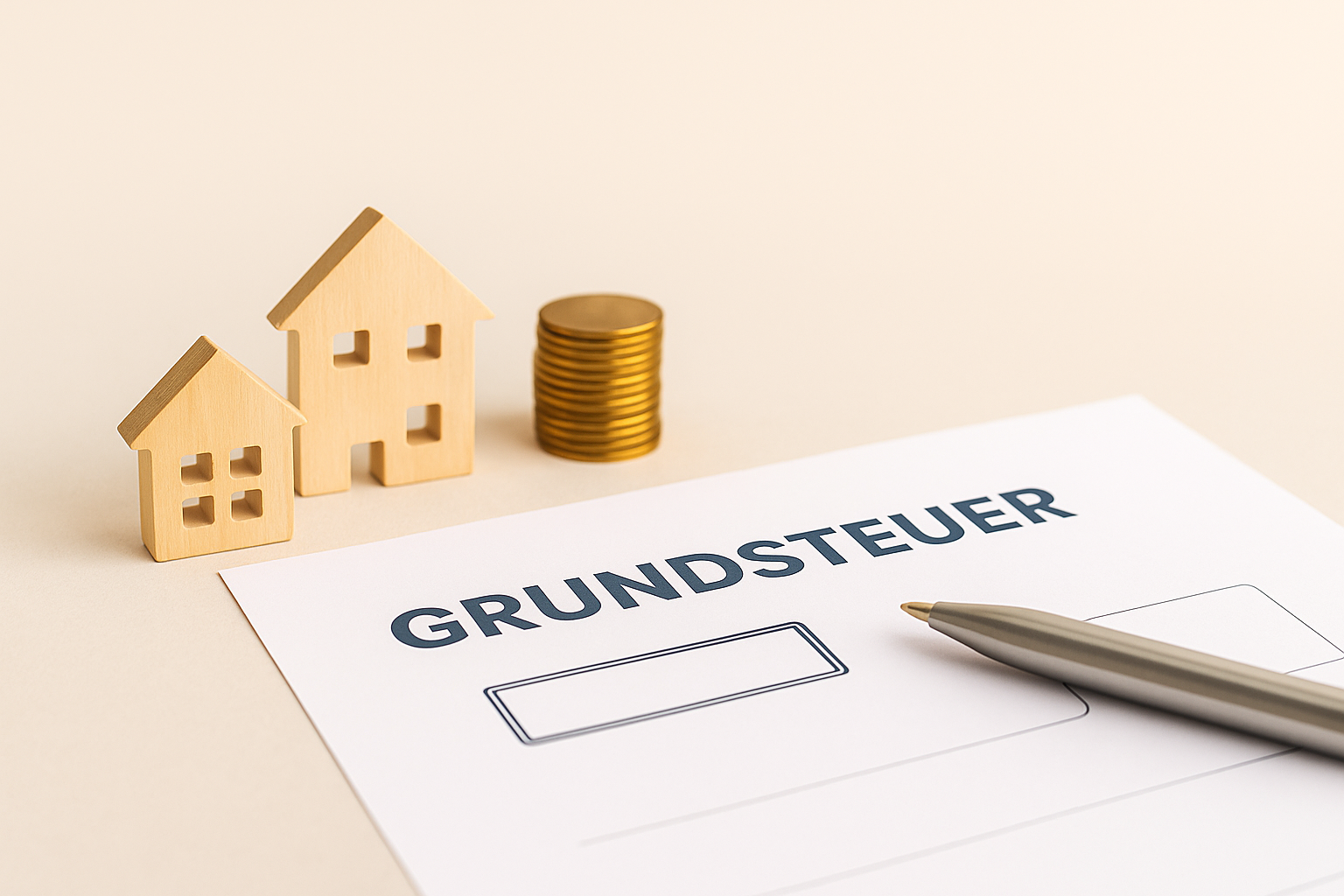 Auf dem Bild sind zwei kleine Holzhäuser zu sehen, neben denen ein kleiner Geldstapel steht. Davor liegt ein Blattpapier mit einem Stift, auf dem steht