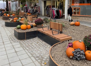 Neugestaltung der Bänke in der Spießgasse in Alzey in moderner Optik und Holz. darum liegen Kürbise für die herbstliche Deko.