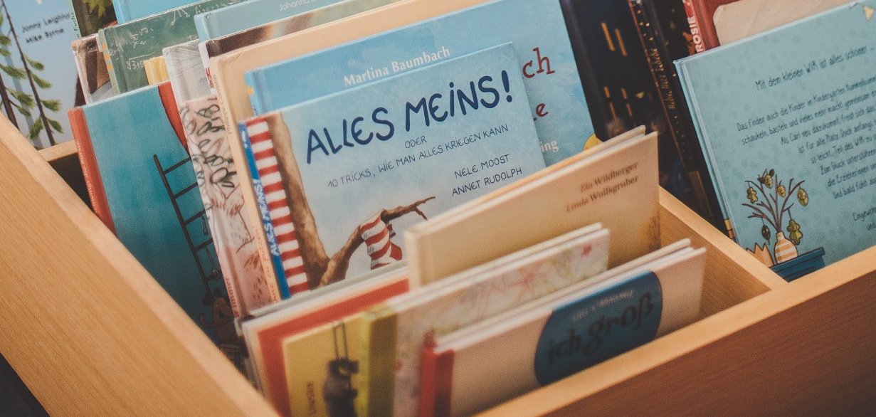 Aud dem Bild sind mehrere bücher hintereinander in einer Bücherkiste aufgereiht.