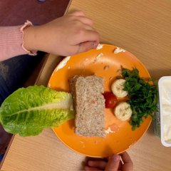 Auf dem Bild ist ein gelber Teller zu erkennen, auf dem ein Brot liegt. Dieses ist in der Hälfte zusammengefaltet. unterhalb des Brotes liehgt ein Salatblatt als ausgestreckte Zunge. Oberhalb des Brotes liegt eine Tomate alös nase und Bananenscheiben als Augen. Die Haare werden durch Petersilie dargestellt.