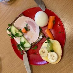 Auf dem Bild ist ein roter Teller, mit einer Apfelhälfte. auf dieser sind Bananenscheiben als Augen und eine Traube als Nase. Auf einer Brotscheibe, die daneben liegt liegt eine Scheibe Wurst. Auf dieser Sind Gurkenscheiben die Augen und ein Stück Karotte die Nase.