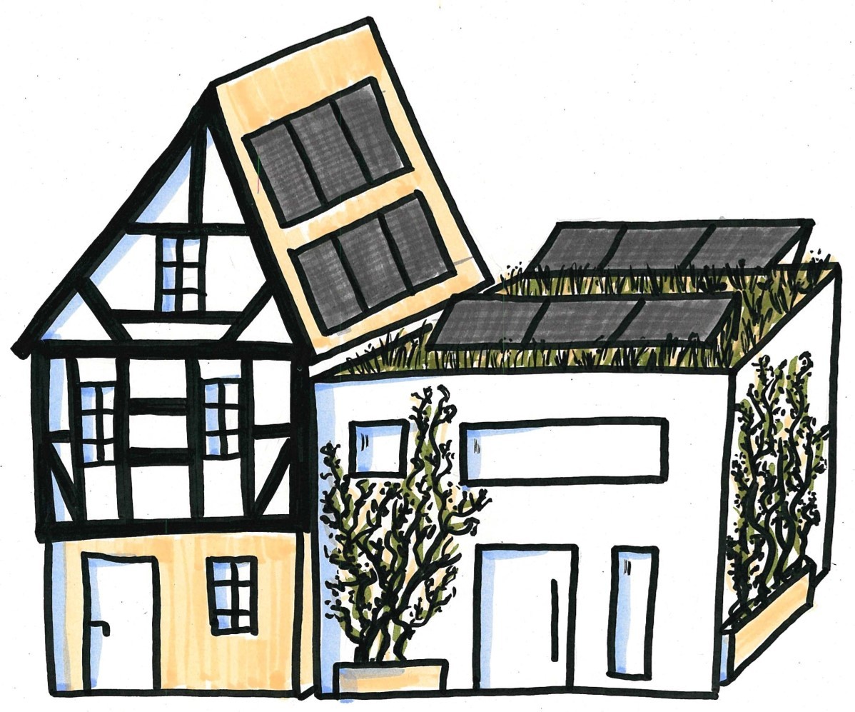 Eine einfache karikatur von einem Gebäuden mit mehreren Dach-Solaranlagen.