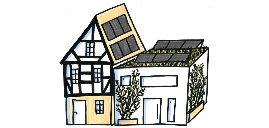 Eine einfache karikatur von einem Gebäuden mit mehreren Dach-Solaranlagen.