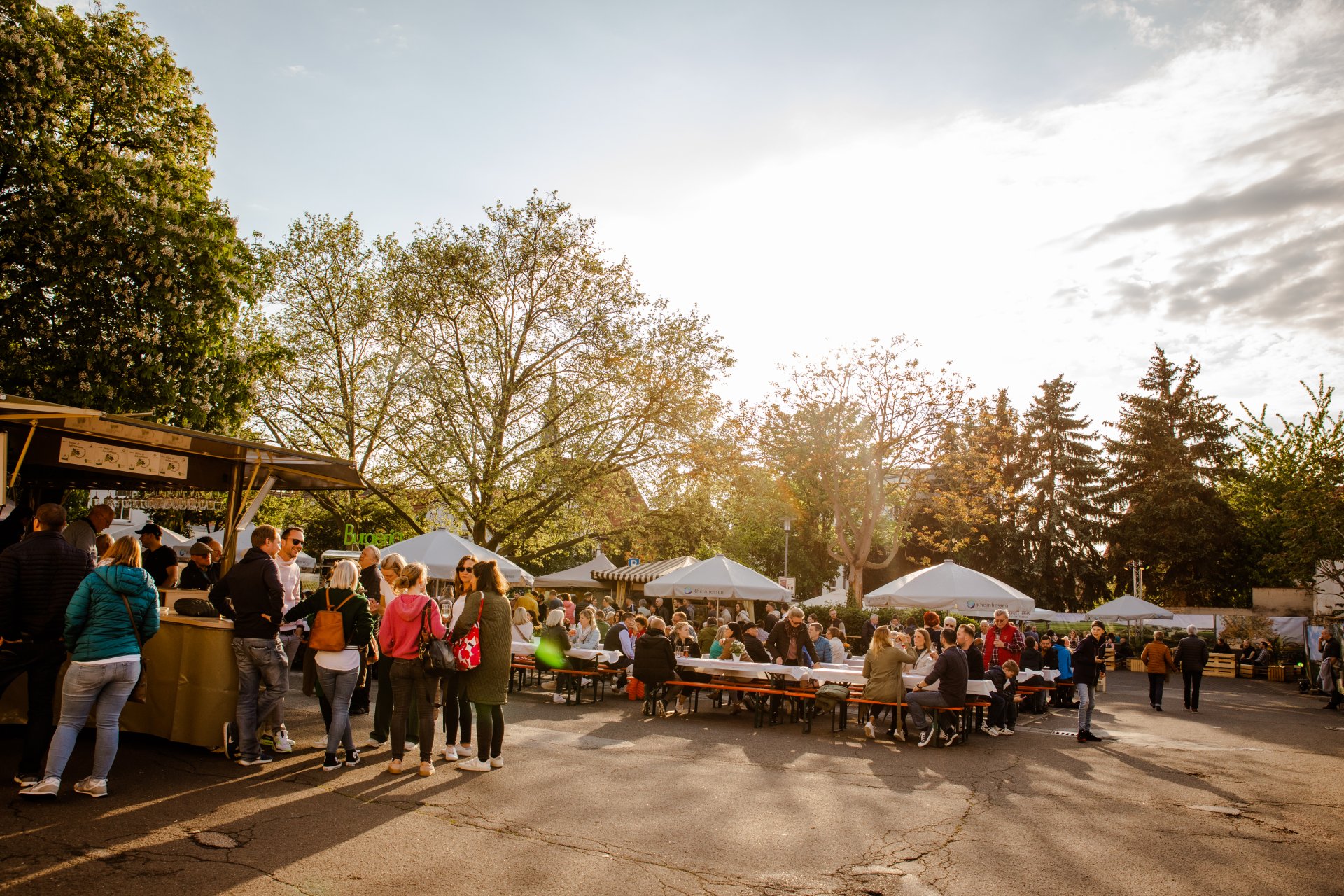 Menschen feiern und trinken Wein auf dem Scheutime Festival
