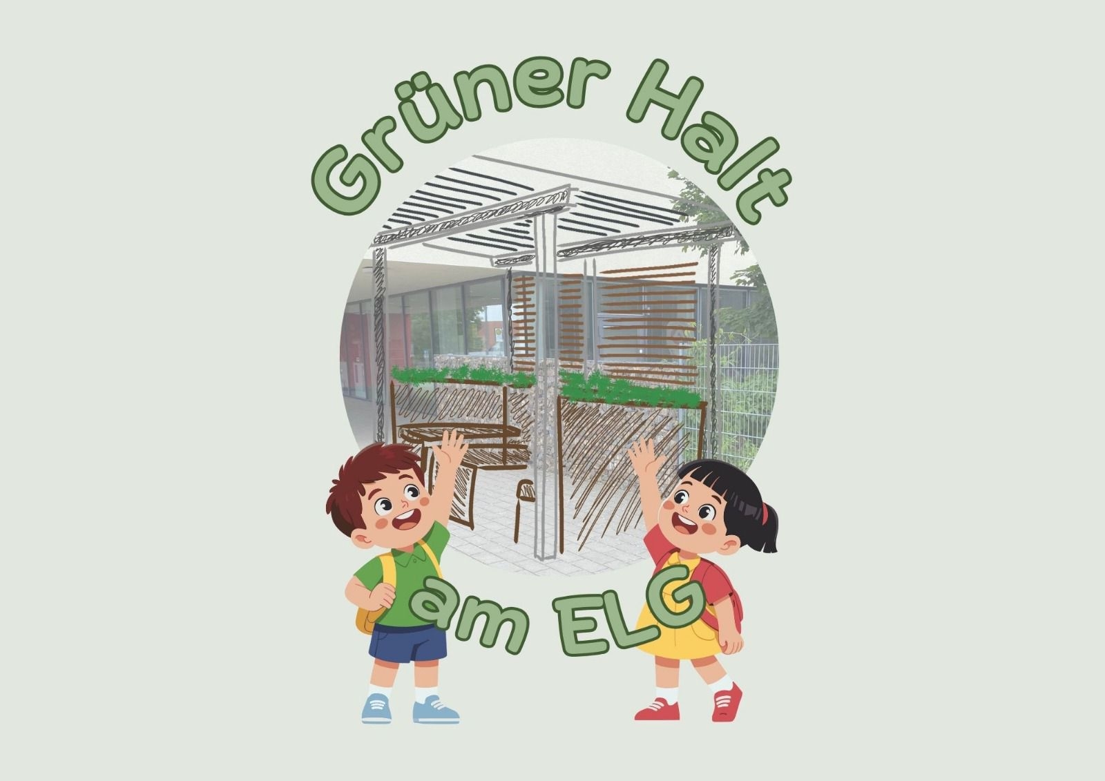 Werbeflyer: "Grüner Halt am ELG" karikatur von 2 Kindern und einer "Grünen" Sitzmöglichkeit