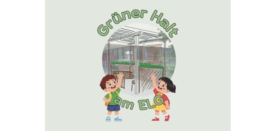Werbeflyer: "Grüner Halt am ELG" karikatur von 2 Kindern und einer "Grünen" Sitzmöglichkeit