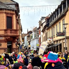 Fastnachtsumzug verkleidete Menschen die eine Staße entlang gehen von oben. (es ist so voll man sieht nur noch Köpfe)