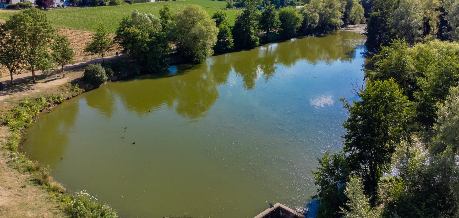 Luftbild vom Bereich des Dauerstaus, man sieht Gewässer, Bäume und Sträucher sowie eine Grünfläche, Gebäude, Windräder und eine große Brücke im Hintergrund.