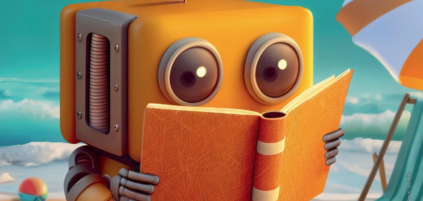 ein gelber Roboter liest aus einem Buch