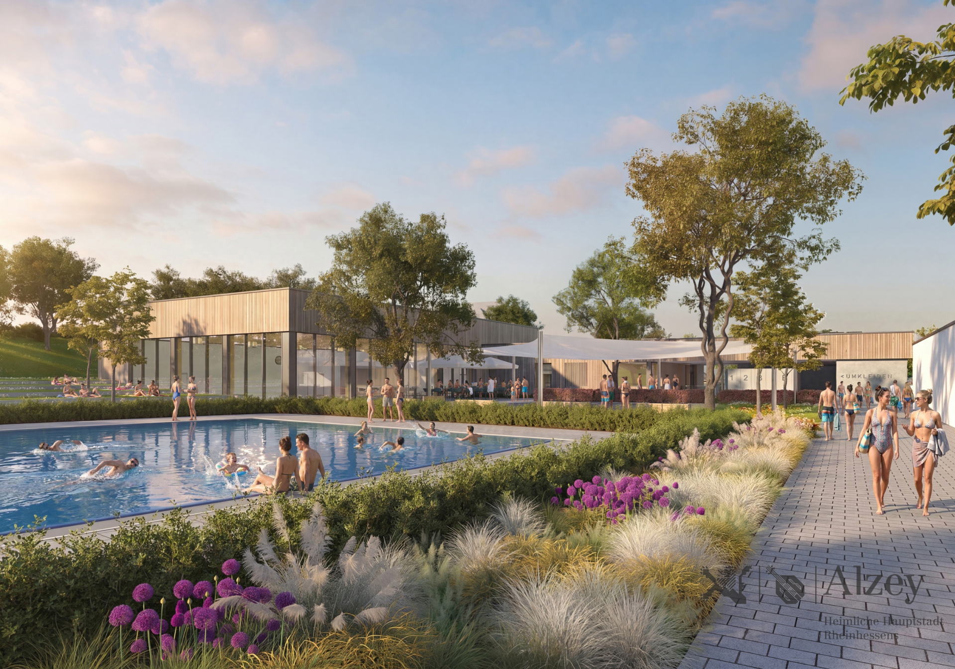 Design des neuen Alzeyer Hallenbades von dem Außenbecken aus