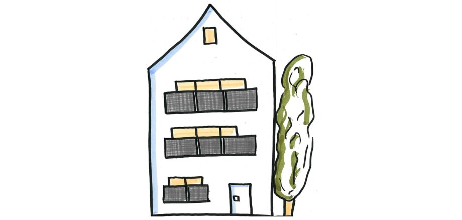 Eine einfache karikatur eines Gebäudes mit mehreren Balkonkraftwerken (Mini-PV-Anlagen).