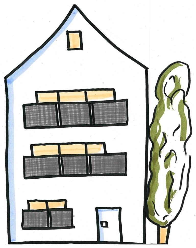 Eine einfache karikatur eines Gebäudes mit mehreren Balkonkraftwerken (Mini-PV-Anlagen).