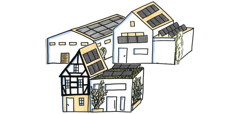 Eine einfache karikatur von 3 Gebäuden mit je mehreren Dach-Solaranlagen.