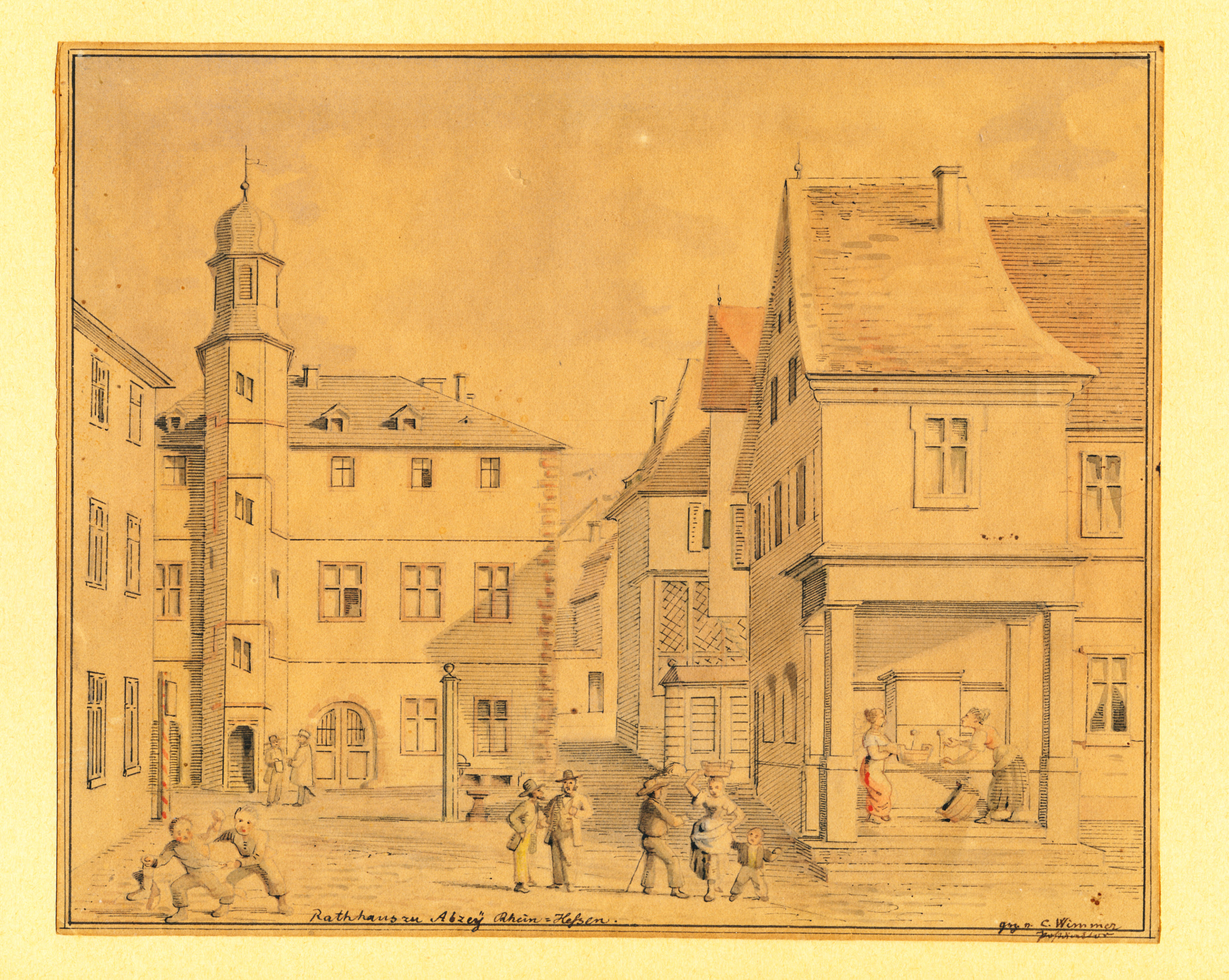 Zeichnung von Wimmer Carl zu sehen ist der Fischmarkt, und das Rathaus von der 2. Hälfte des 19. Jh.