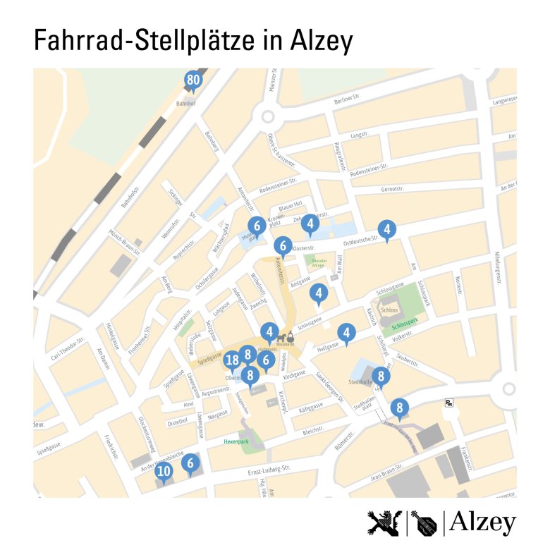 eine Übersicht der Fahrradstellplätze in Alzey, markiert auf einer Karte