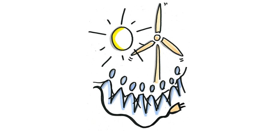 Mein Engagement für den lokalen PV-Ausbau Eine einfache karikatur von der Sonne, einem Windrad und einigen Menschen die ein Stromkabel halten.