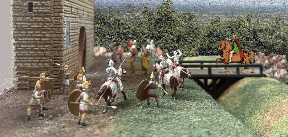 So mag es ausgesehen haben, als der Kaiser Einzug hielt ins Kastell Alzey. Eine Miniaturabbildung von einem Schloss (links auf dem Bild zu sehen) und kleinen Römerfiguren auf Pferden, die vor dem Schloss einen eindringenden Reiter abwähren.