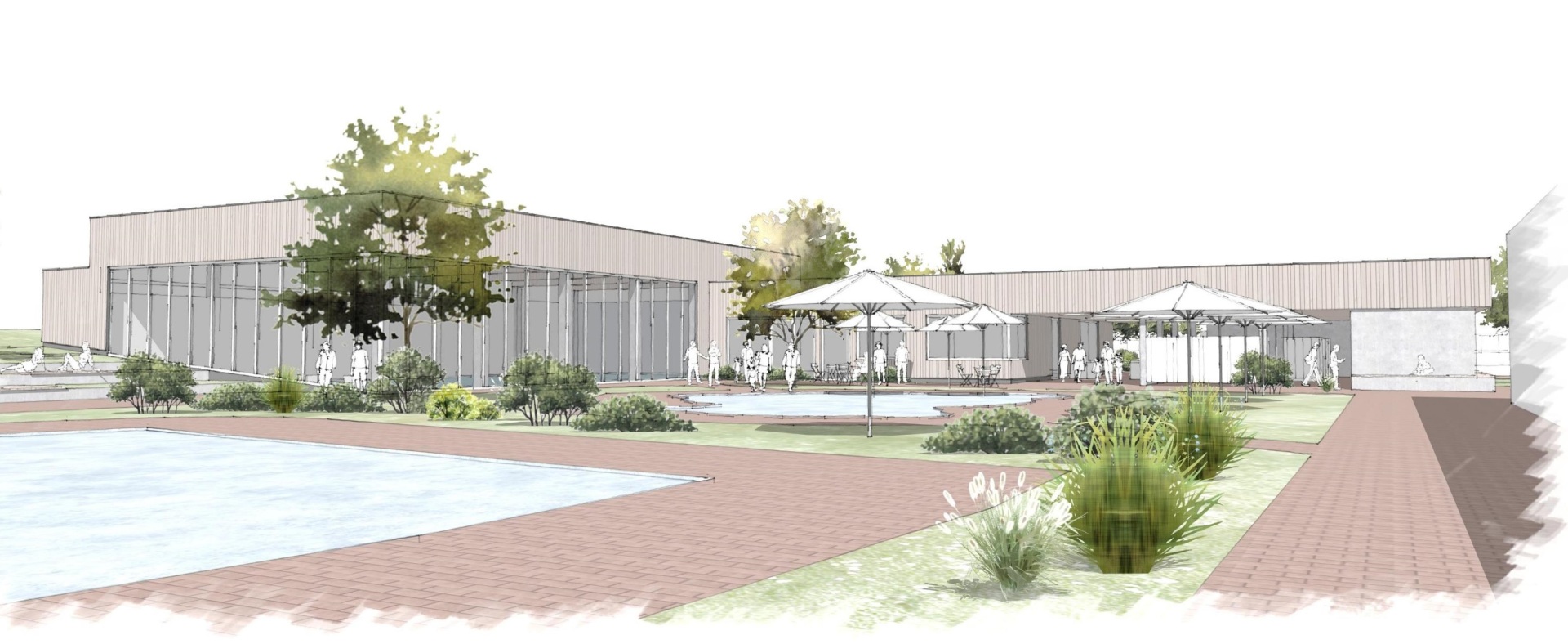 Projektzeichnung der neuen Schwimmhalle in Alzey, mit einem begrüntem Parkplatz im Vordergrund, alles im modernen Holzstil