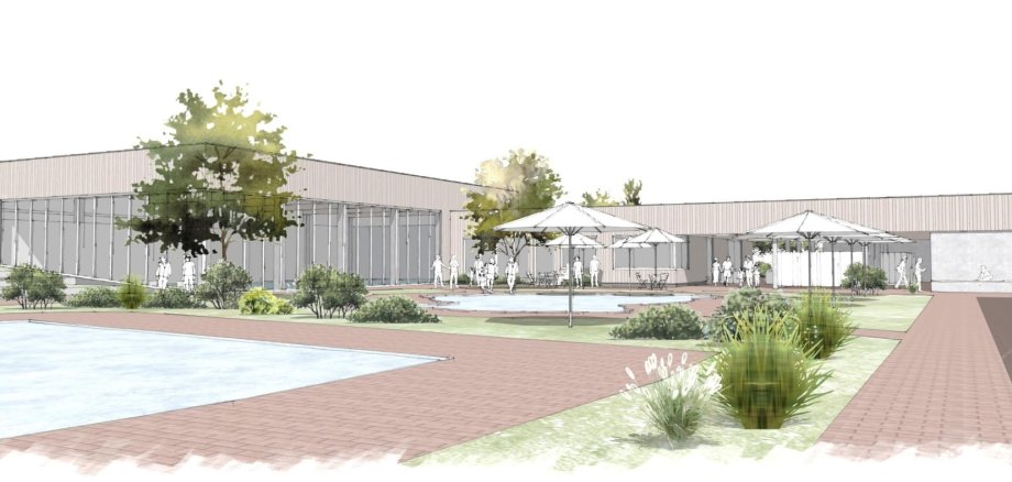 Projektzeichnung der neuen Schwimmhalle in Alzey, mit einem begrüntem Parkplatz im Vordergrund, alles im modernen Holzstil