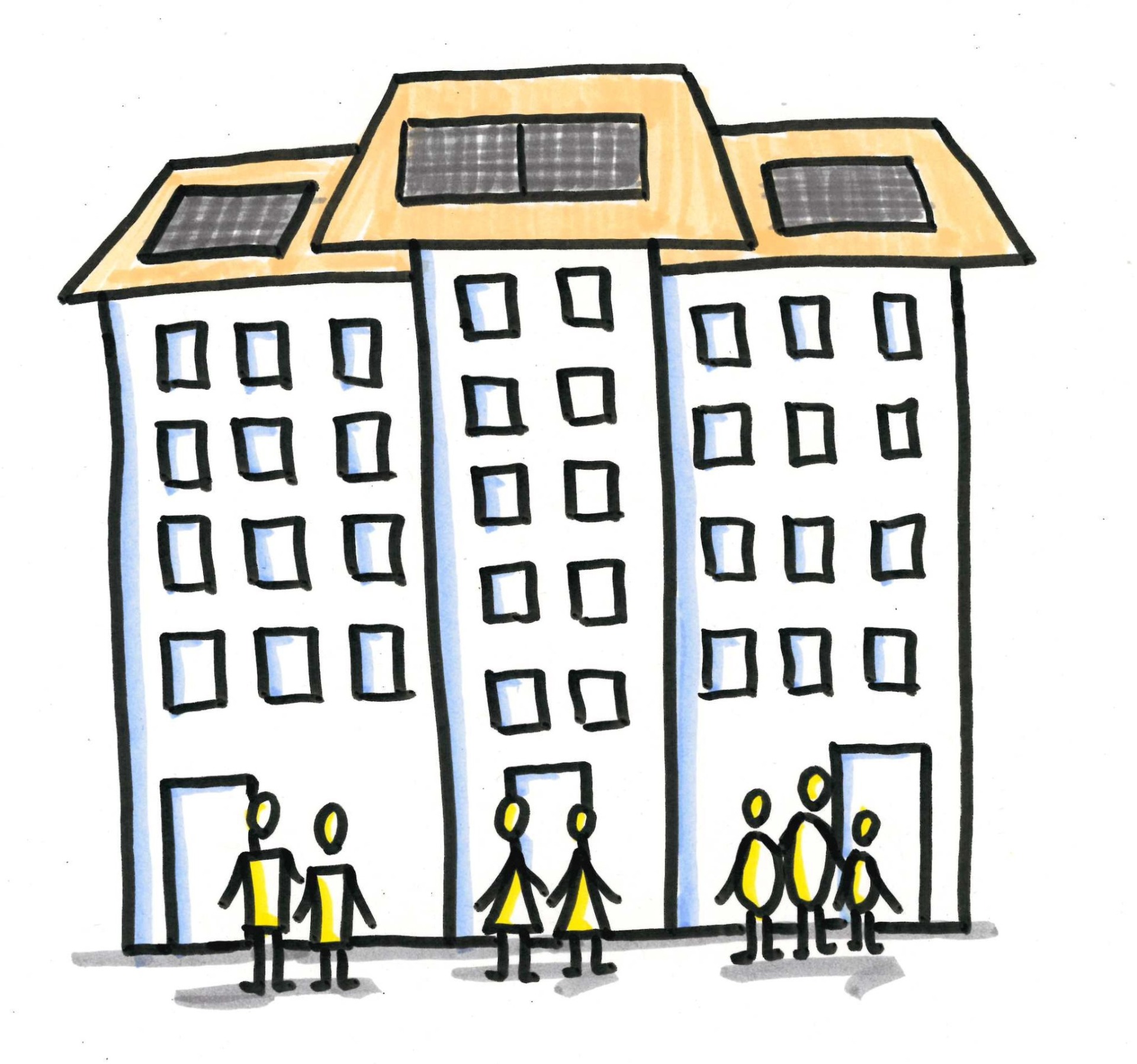 Eine einfache karikatur von einem Gebäuden mit mehreren Dach-Solaranlagen.
