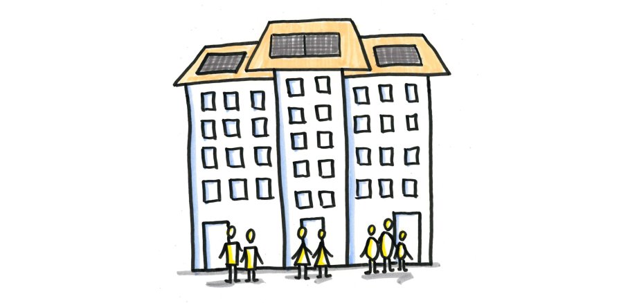 Eine einfache karikatur von einem Gebäuden mit mehreren Dach-Solaranlagen.