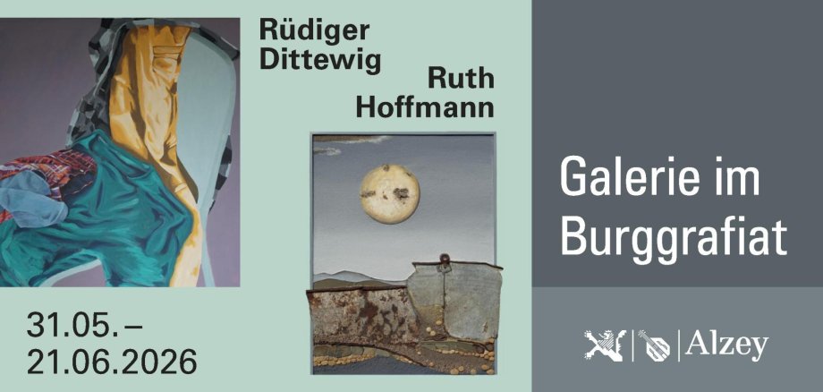 Abgebildet ist eine Postkarte mit zwei Bildern der Künstler Rüdiger Dittewig und Ruth Hoffmann für unsere Vernissage, rechts steht grau hinterlegt Galerie im Burggrafiat